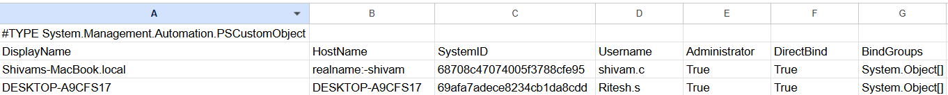 AdminDevices.csv output showing DisplayName, HostName, SystemID, Username, Administrator, DirectBind, and BindGroups columns for JumpCloud devices with administrator access